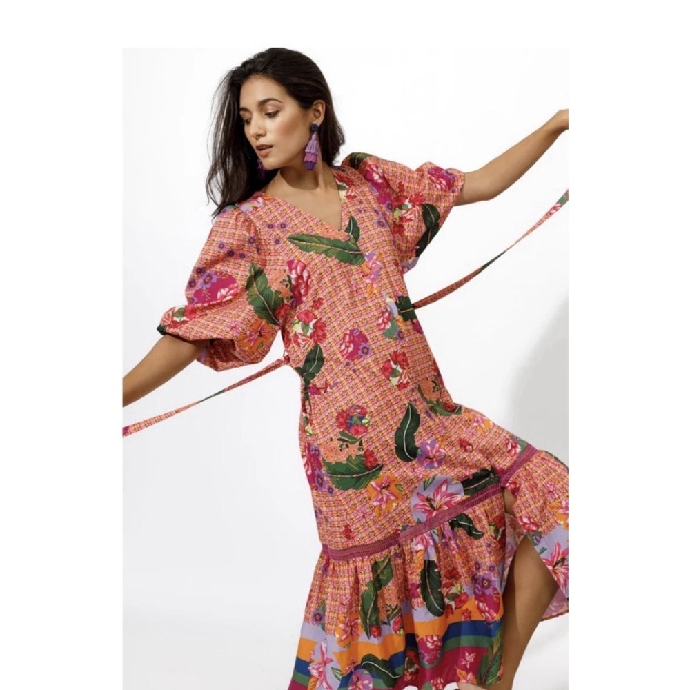 Anthropologie Emily Lovelock Sophie Multicolor TropicalFlounce Midi Dress